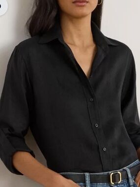 Ralph Lauren Black Classic Luxury Silk Button Down Shirt Size M